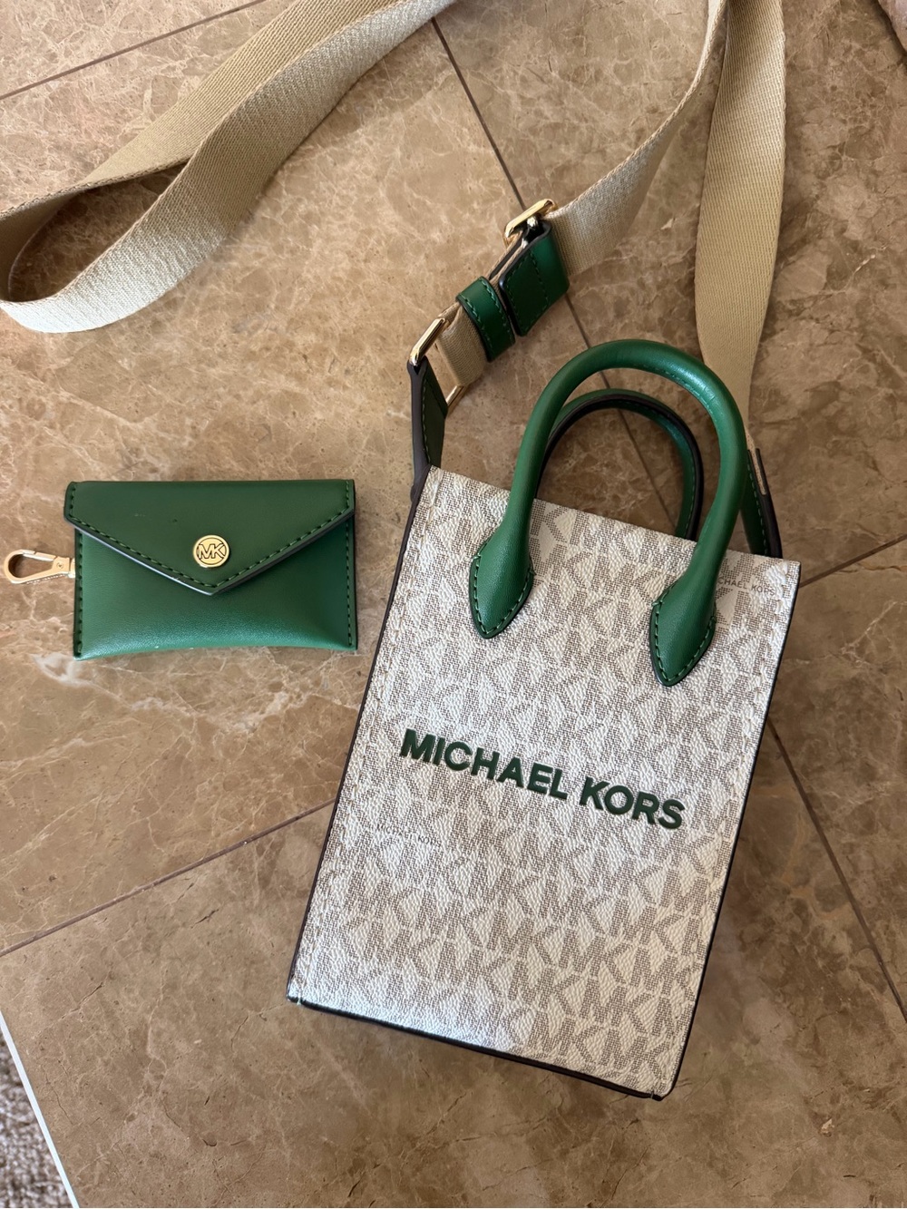 Michael Kors Vanilla & Green Logo Mini Tote Crossbody Bag with Pouch Set